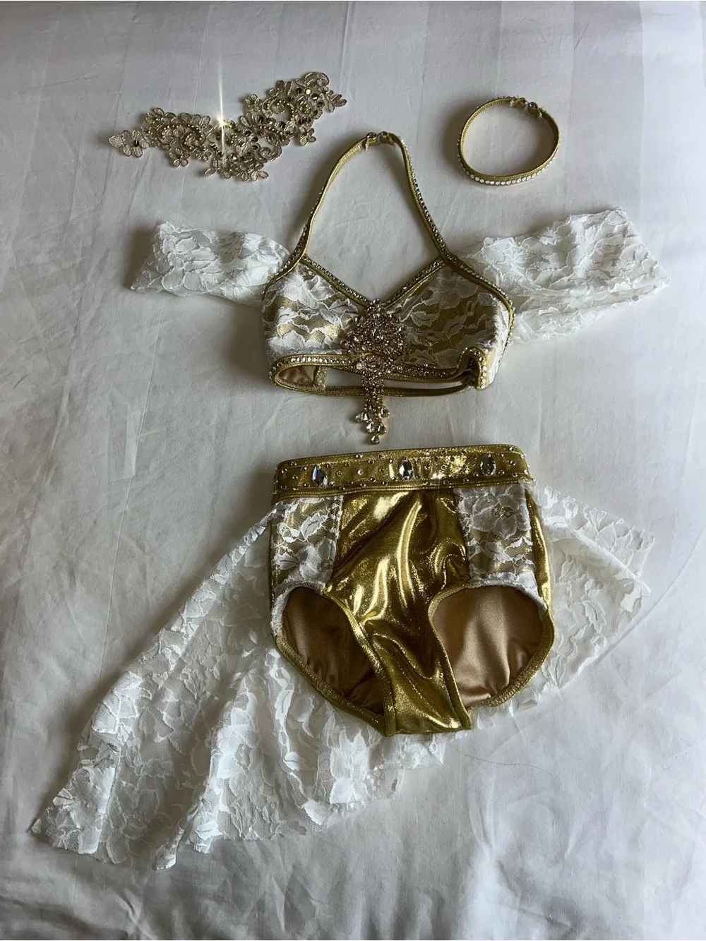 Gold and White Lace Girls' Dance Costume Set with Jewel Accents